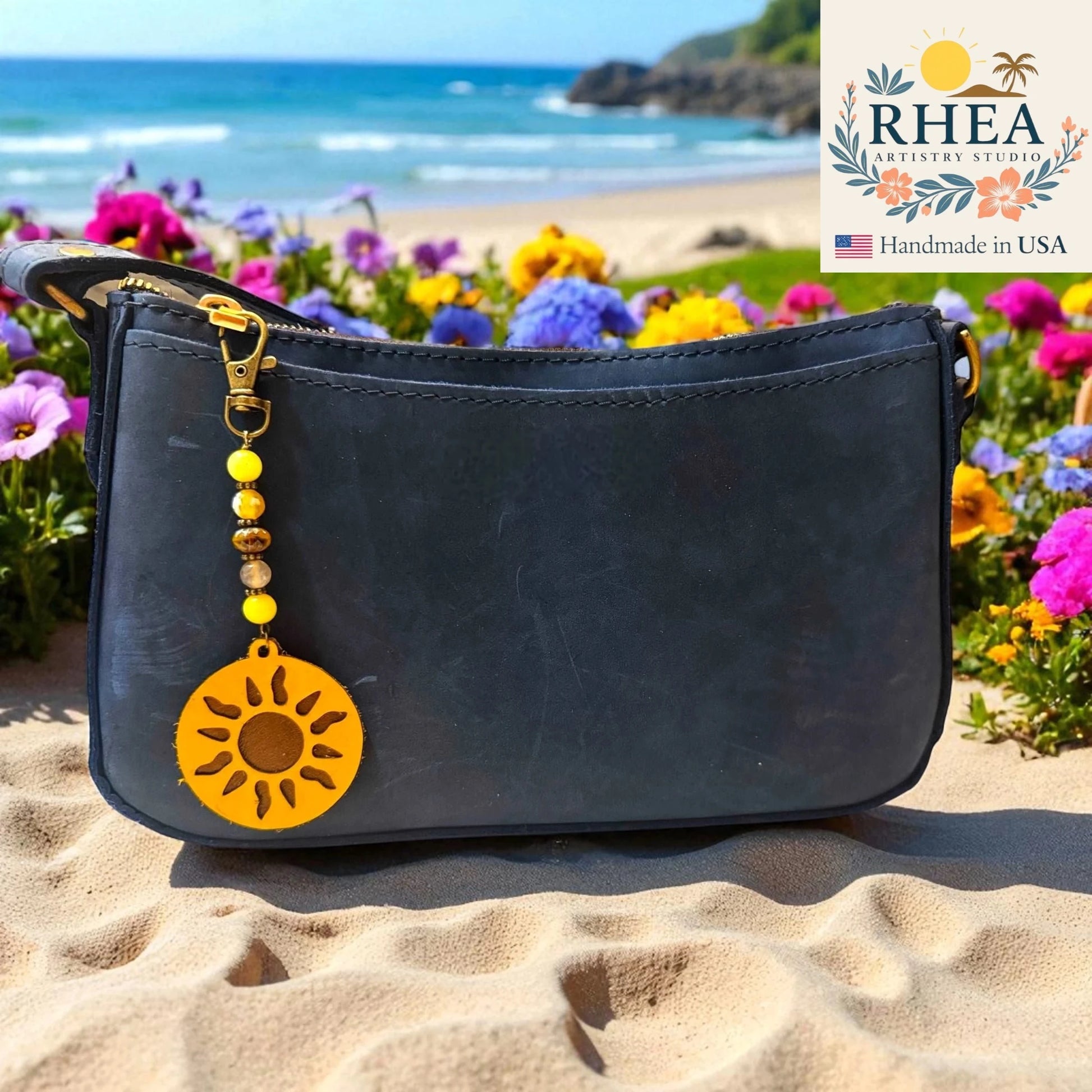 Vibrant yellow gemstone Sun Charm, handmade with copper accents, ideal as a stylish bag or purse charm.