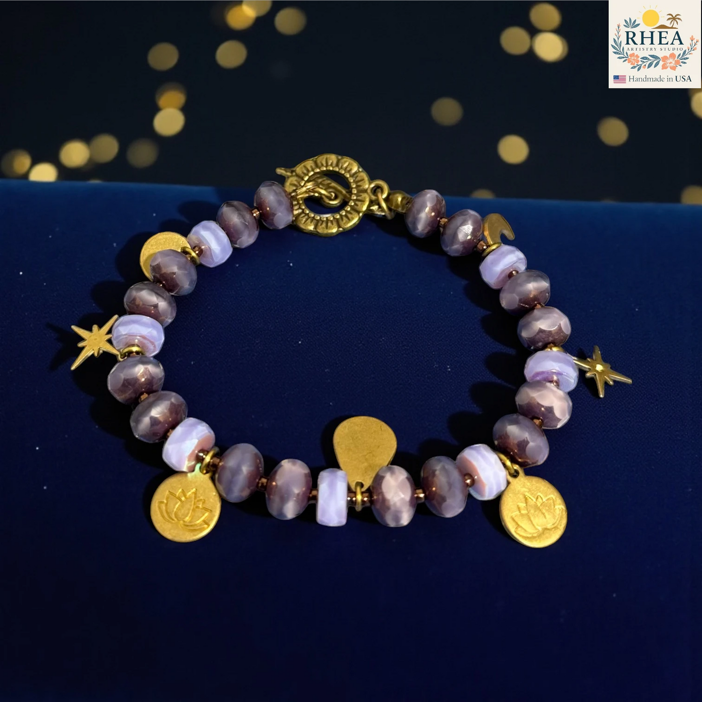 Handmade Czech Glass Celestial Bracelets with Brass Toggle Clasp