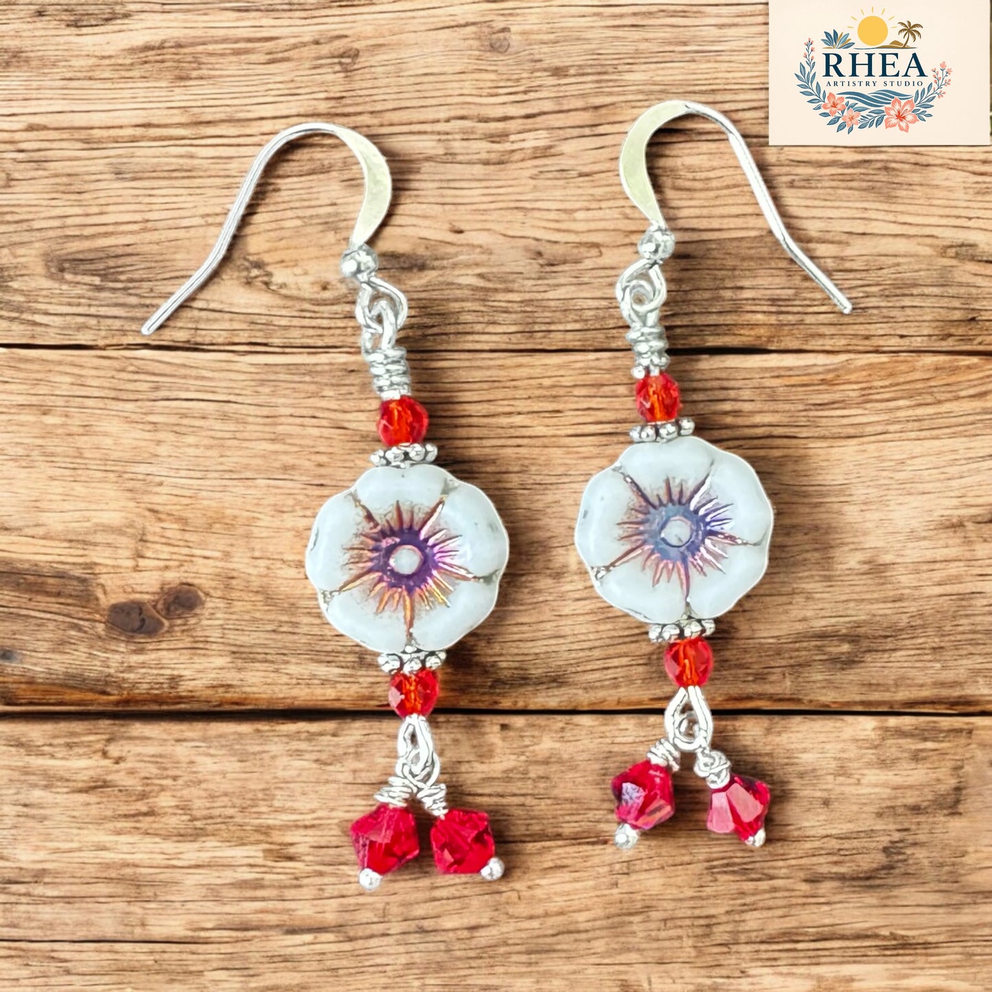 Handmade earrings with Czech hibiscus beads, vintage Austrian crystals, and silver-plated hooks. Tropical, vibrant, and full of handcrafted charm.