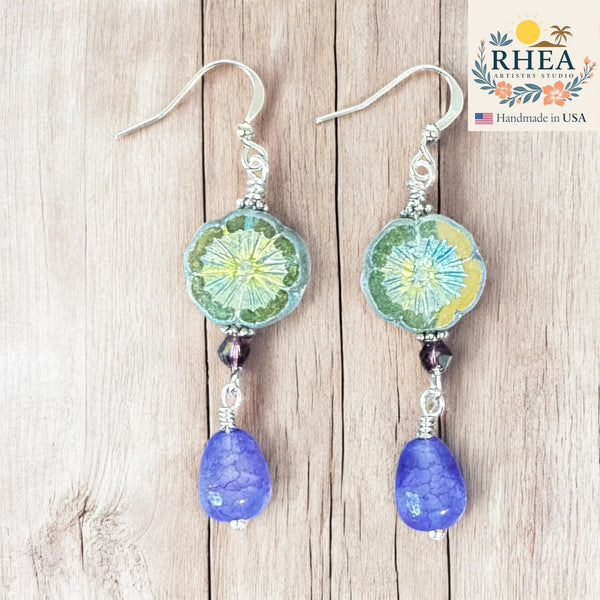 Iris Glow – Czech Floral & Gemstone Drop Earrings