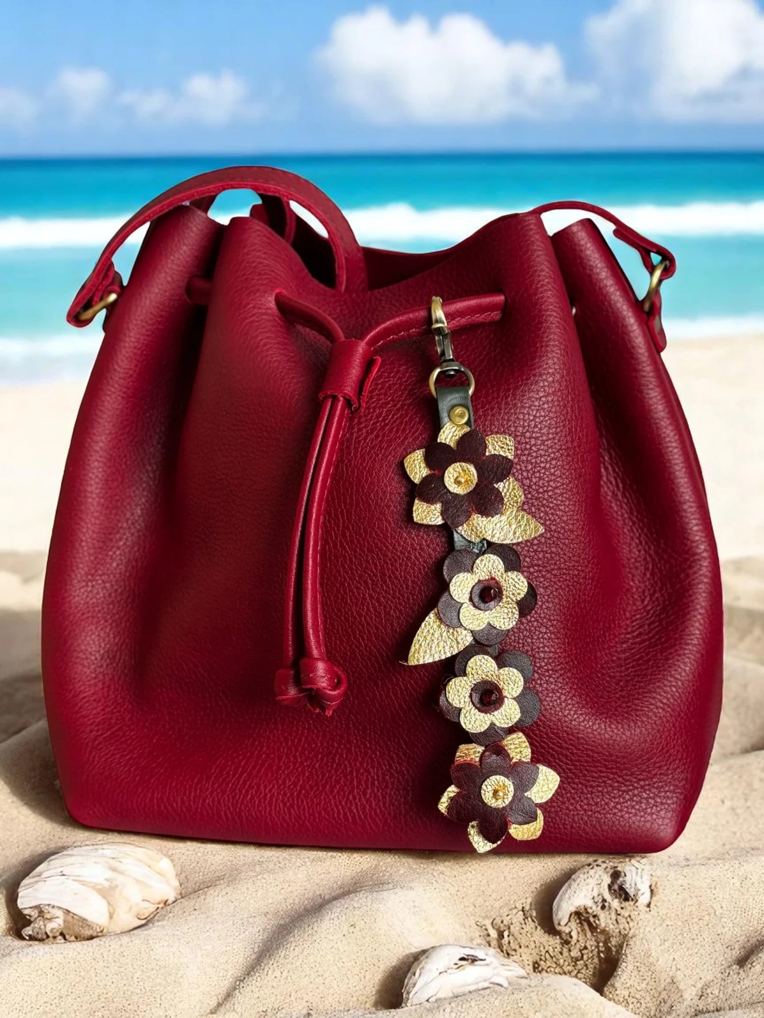 Full-length leather flower charm with brass clasp for keychains