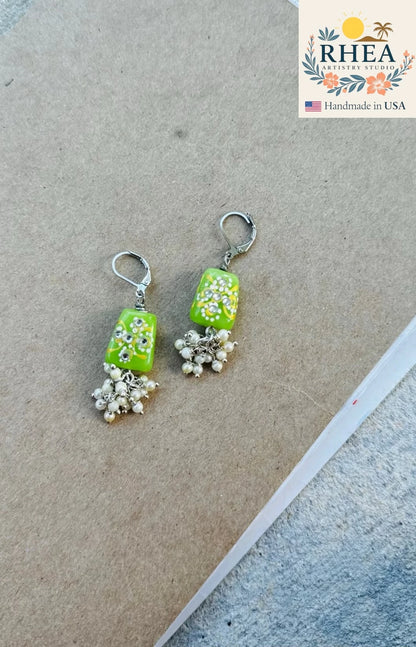 Stylish Lime Green Pearl Cluster Silver earrings, handmade with Czech beads for a refined artisan accessory.
