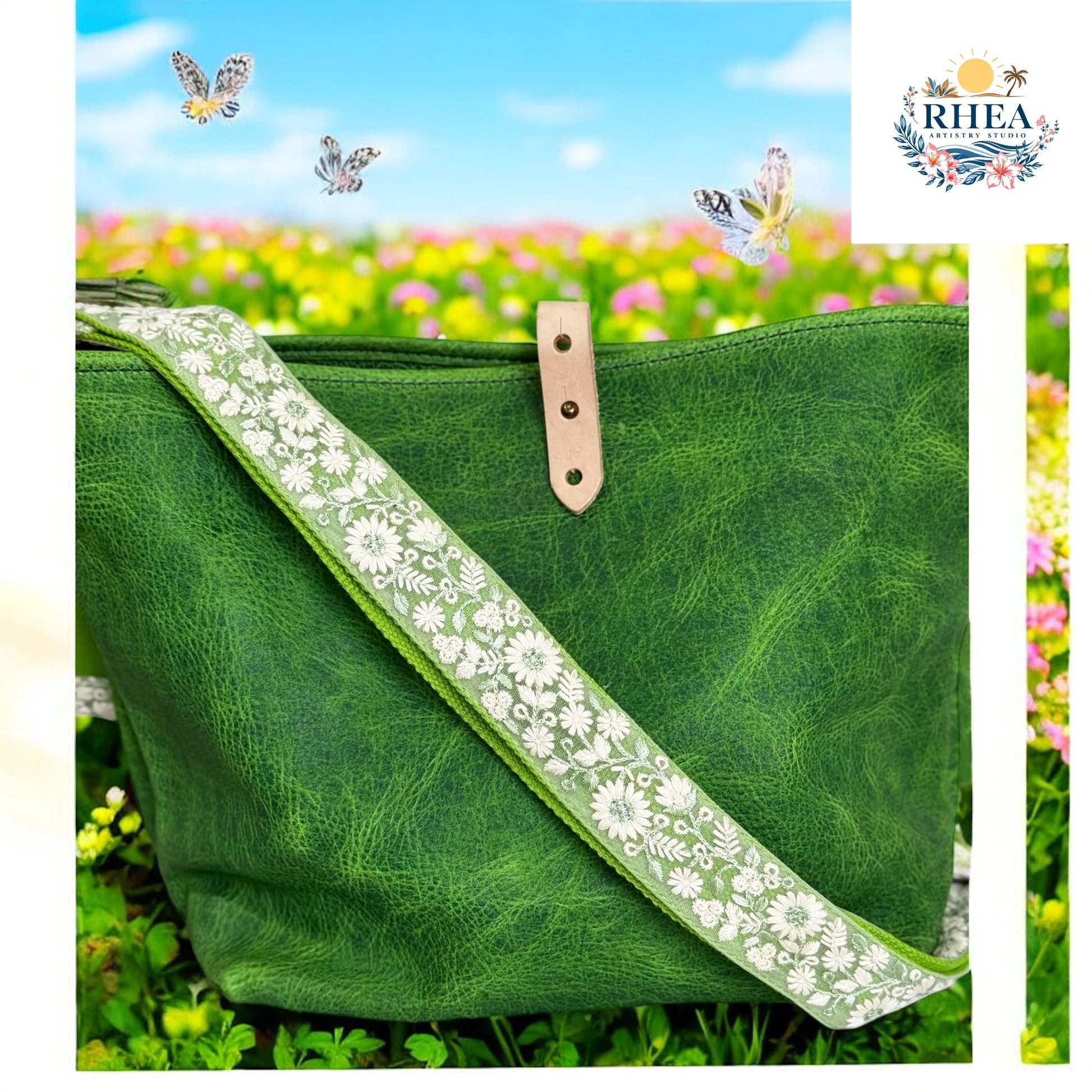 Bright lime green floral handbag strap with delicate white embroidery, handcrafted for tote bags, satchels, or weekend purses. Lightweight and statement-ready against a garden