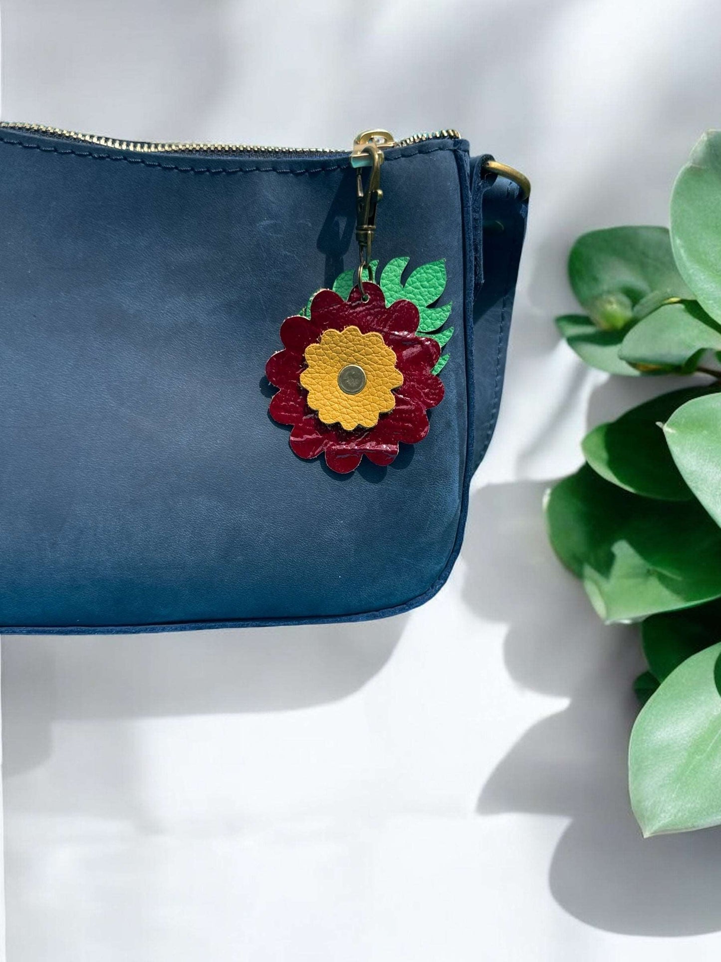 Leather Flower & Monstera Leaf Accessory with Lobster Clasp | Zipper Pull & Purse Charm