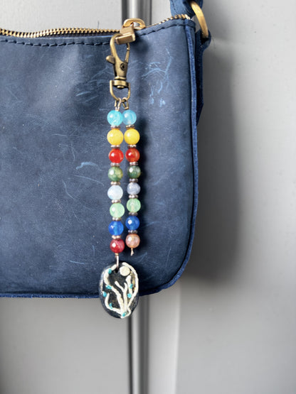 multi colored beaded on 2 strands with a handmade colorful pendant with lobster clasp