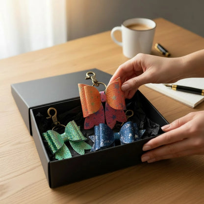 Assorted handmade bow charms in a mystery gift box featuring glitter, metallic, and patterned finishes