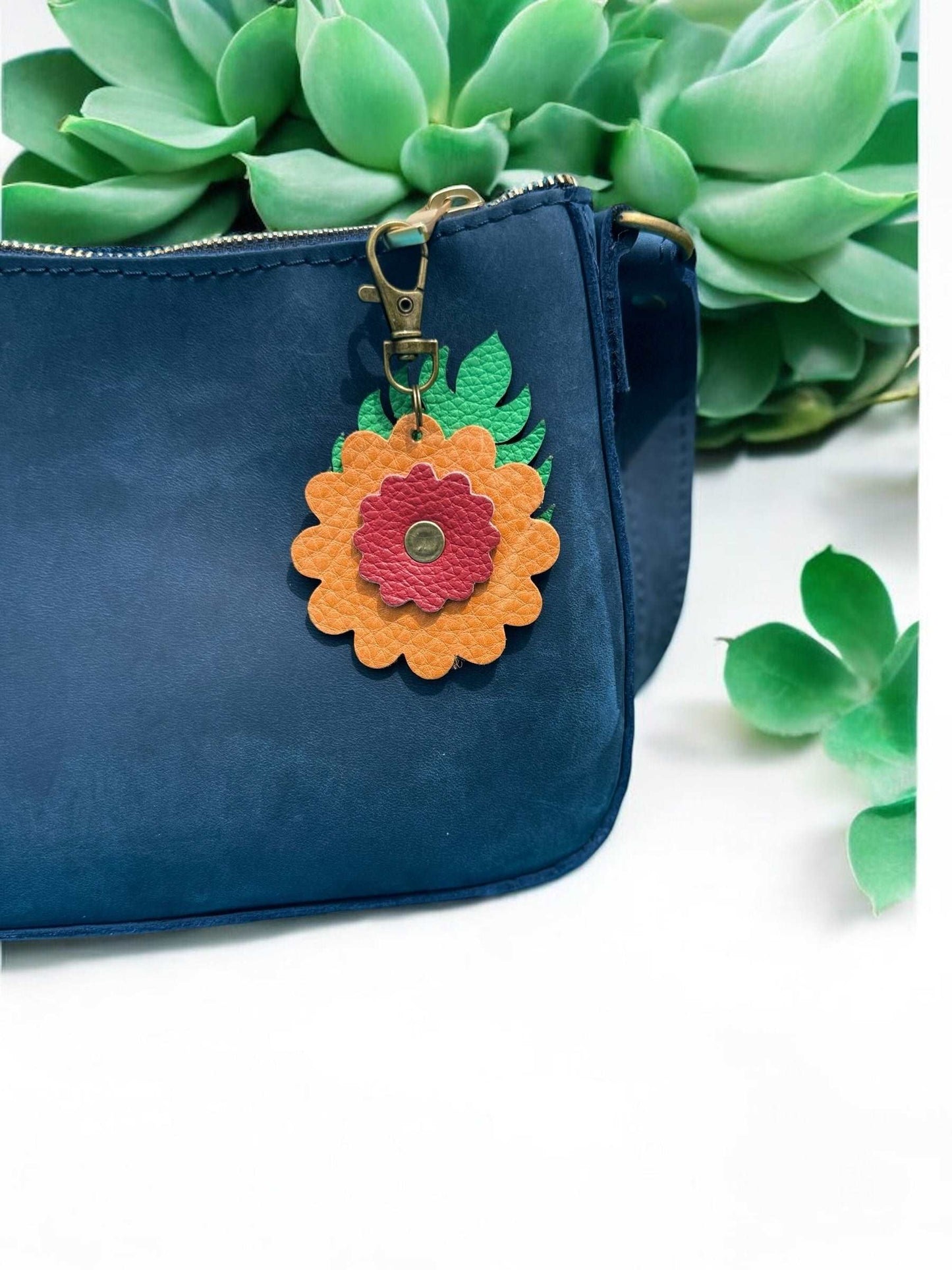 Leather Flower & Monstera Leaf Accessory with Lobster Clasp | Zipper Pull & Purse Charm