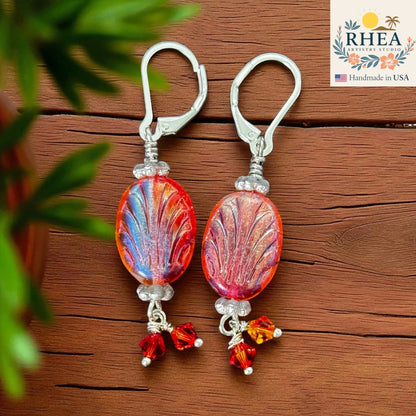 Elegant handmade Phoenix Flame earrings featuring Czech beads and vintage Austrian crystals, a fiery artisan jewelry design.