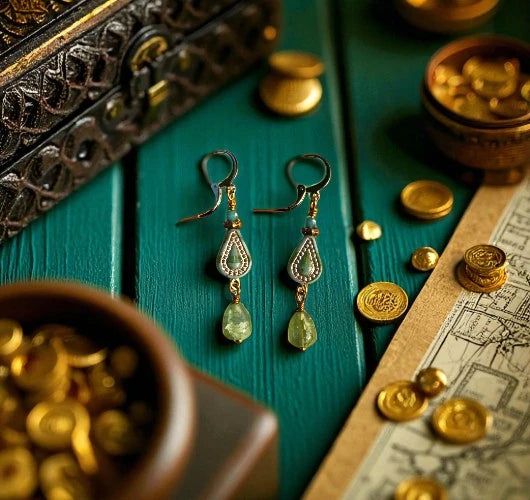 Pair of gold earrings on a teal surface with gold coins and an old map.