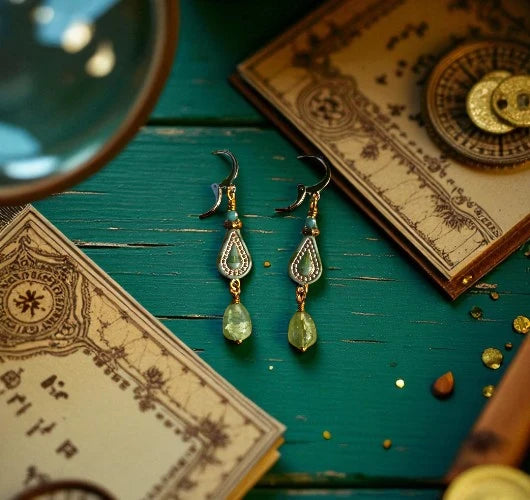 Pair of green teardrop earrings on a teal surface with vintage books and decorative items.