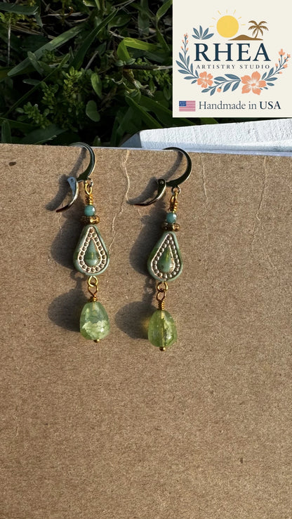 Floral-inspired Picasso Green Multi Drop earrings handcrafted with Czech beads, artisan jewelry with rich green tones.
