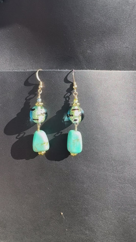 Turquoise Lamp Glass Drop Earrings - Gold Filled