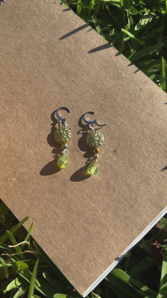 Avocado Green Dahlia Silver Earrings