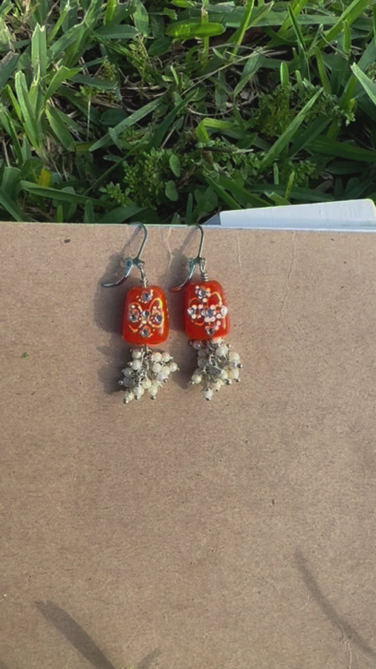 Coral Pearl Cluster Silver Earrings