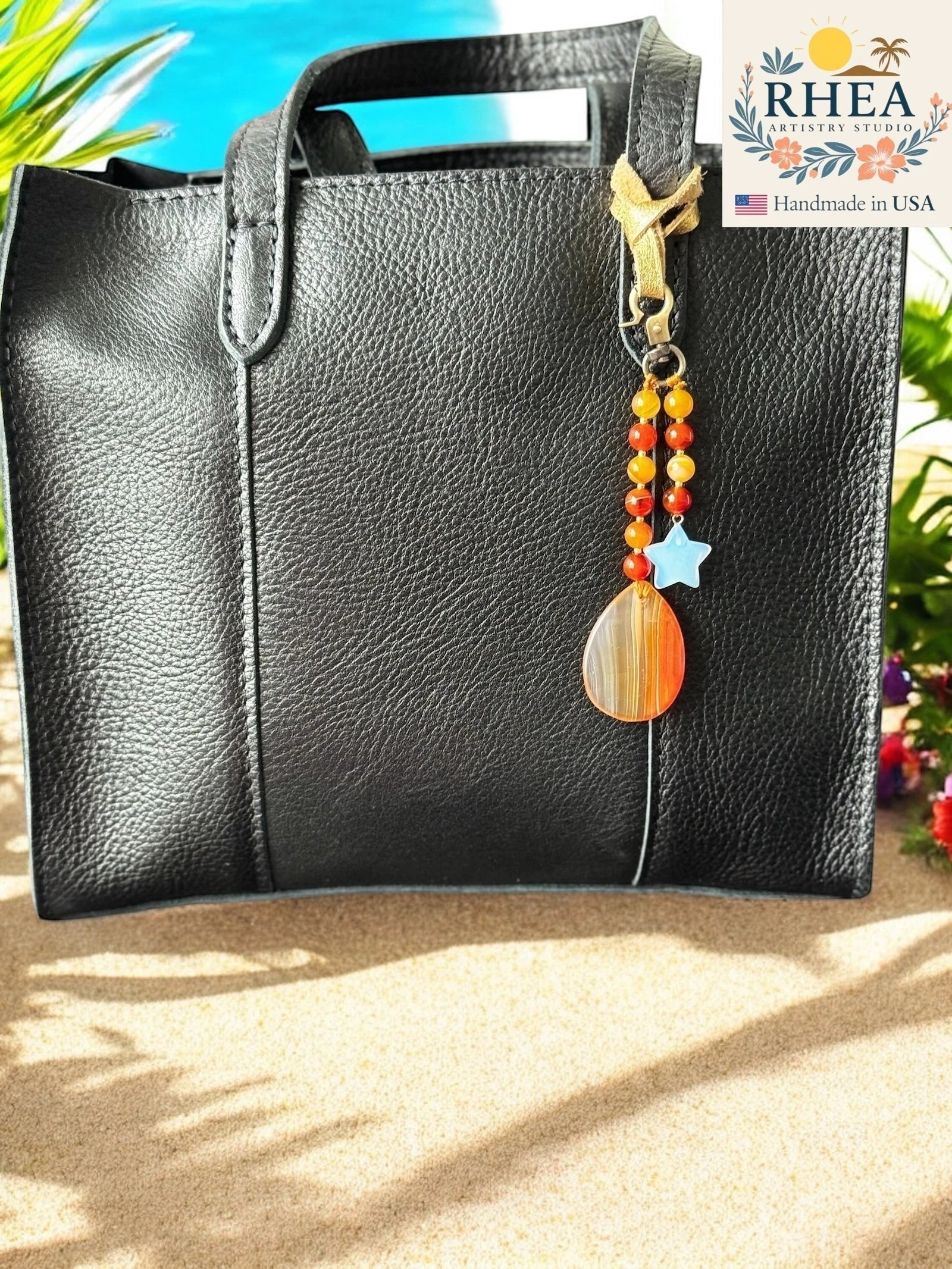 Rhea Artistry Studio handmade agate and moonstone star bag charm with teardrop pendant, 5 inches long.