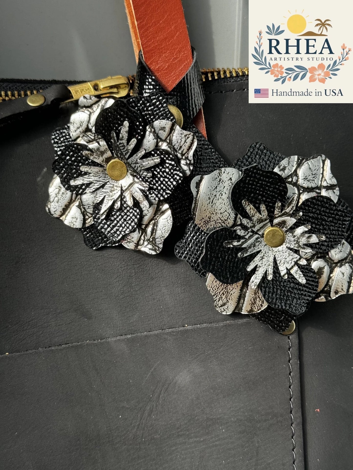 Rhea Artistry Studio black and silver leather flower double charm. Features sparkly black Saffiano and embossed alligator silver leather.