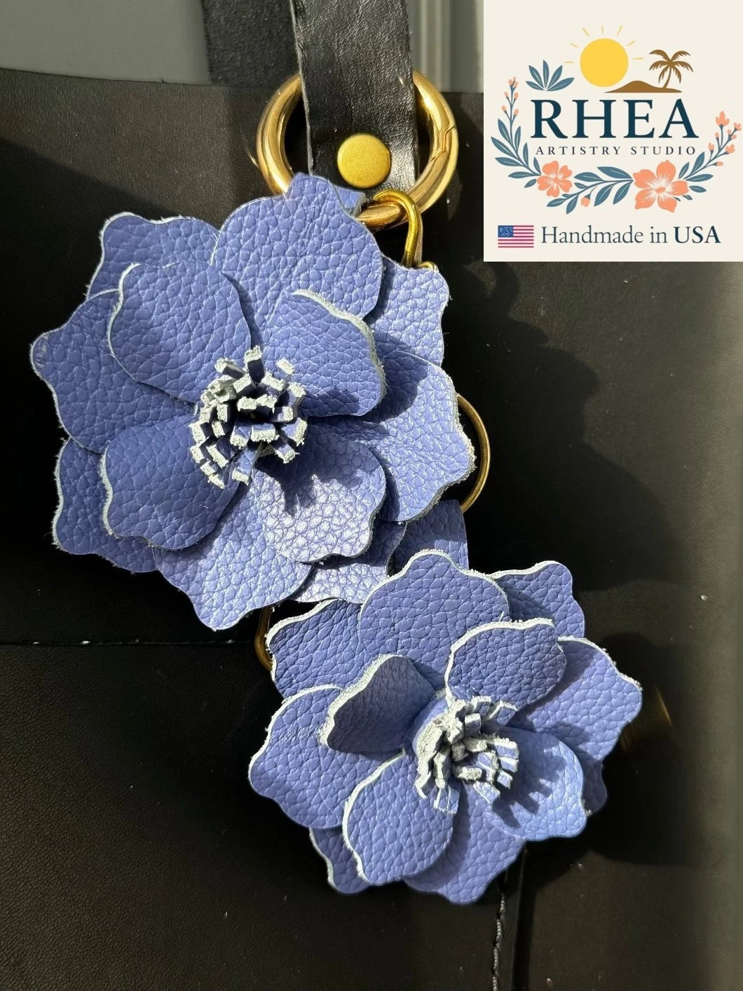 Rhea Artistry Studio blue bell leather flower charm with lobster clasp and split ring. Hand-cut stamens for unique detail.