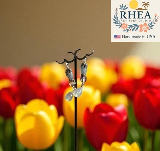 Rhea Artistry Studio blue tulip Czech glass earrings with silver findings and French lever backs.
