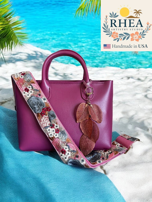 Rhea Artistry Studio handmade copper metallic leaf bag charms, delicate electroplated real leaves with rose gold hardware, perfect for bags or keychains.