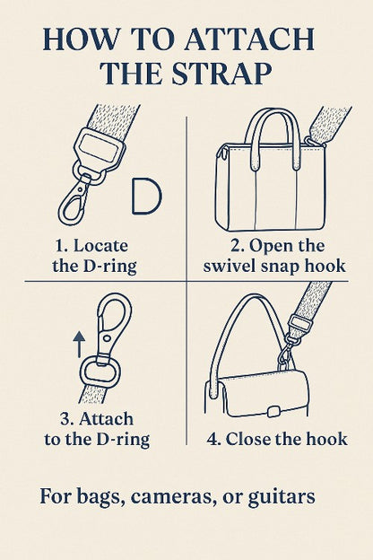 Rhea Artistry Studio instructional graphic showing how to attach a 2-inch wide embroidered crossbody strap to a bag using D-rings and swivel hooks.