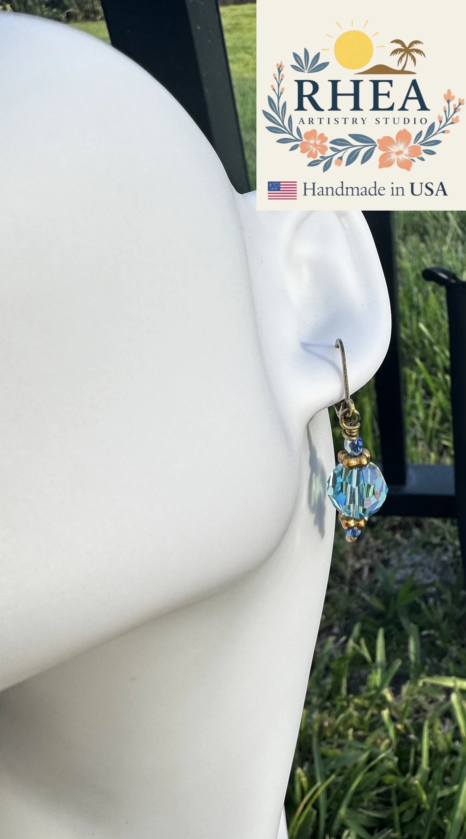 Rhea Artistry Studio blue Czech glass bead earrings with crystal accents and brass hardware, approx. 1.5-2 inches long.