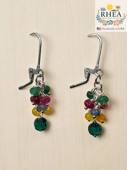 Rhea Artistry Studio multicolor gemstone drop earrings with cascading clusters and hypoallergenic hooks.