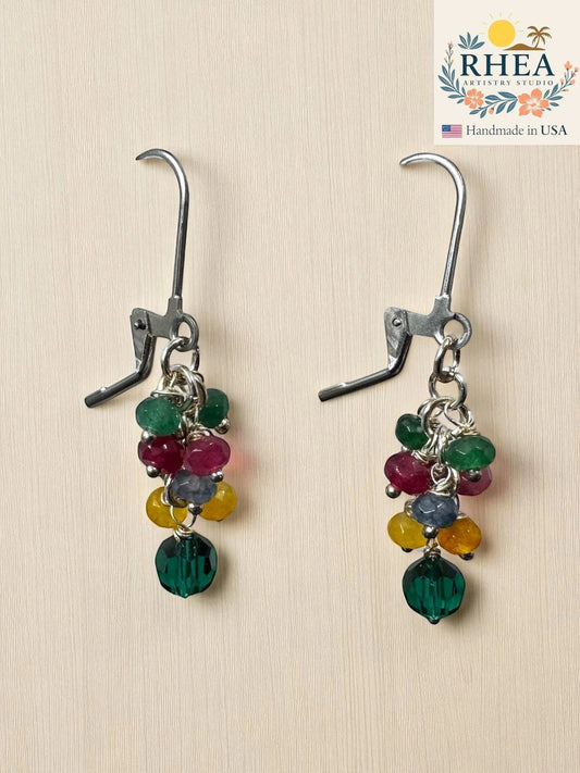 Rhea Artistry Studio multicolor gemstone drop earrings with cascading clusters and hypoallergenic hooks.