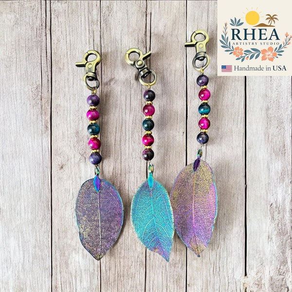 Celestial Cascade Bag Charm – Handmade Gemstone & Metallic Leaf Accessory