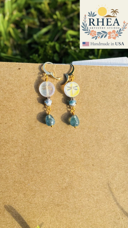 Rhea Artistry Studio gold dragonfly earrings with Czech glass beads and blue gemstone drops. French lever back.