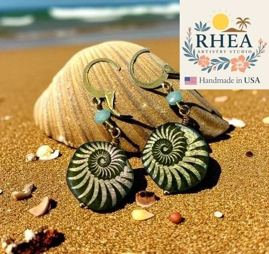 Rhea Artistry Studio handmade 1-inch drop earrings with laser-etched sea foam green Czech glass beads and 24k gold plated brass.