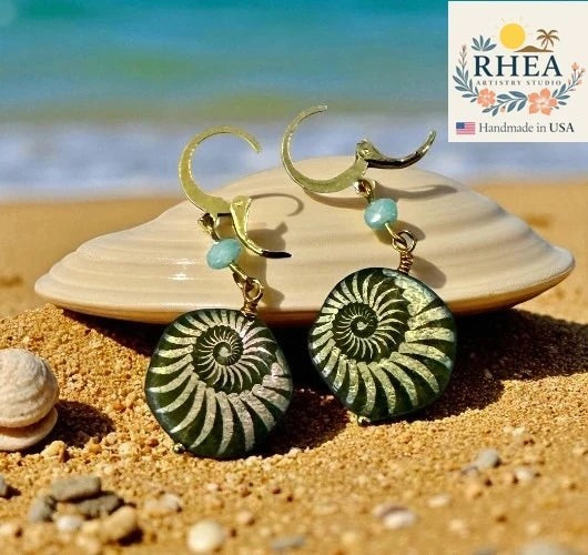 Rhea Artistry Studio 1-inch drop earrings with laser-etched sea foam green Czech glass beads and 24k gold plated brass.