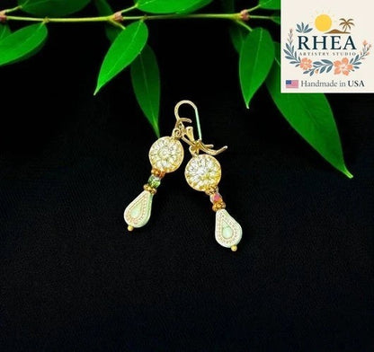 Rhea Artistry Studio green dahlia glass earrings with gold accents and teardrop beads, approx. 1.5-2 inches long.