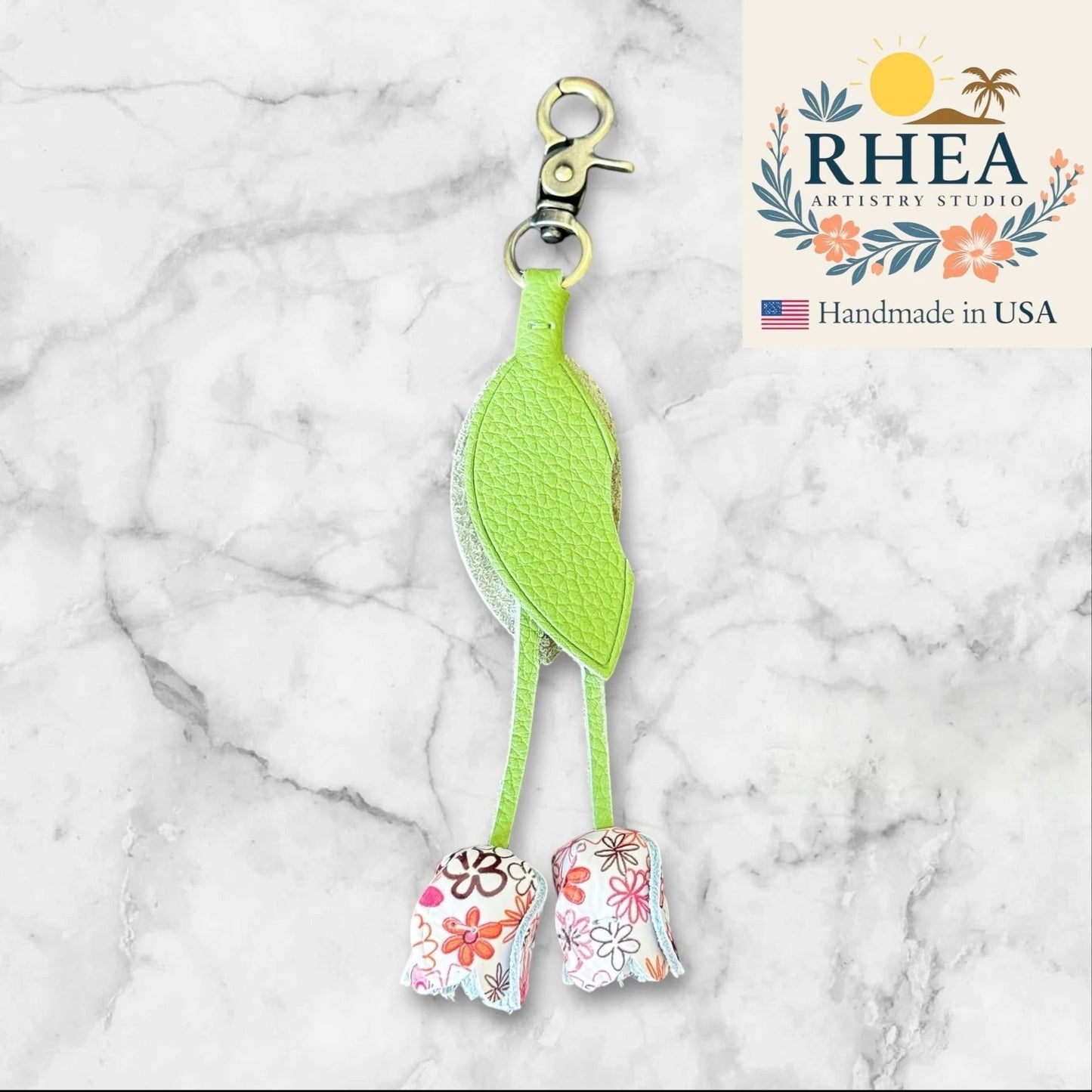 Rhea Artistry Studio lime green leather tulip charm with floral print flower heads and glitter accent, 7.5" long with lobster clasp.