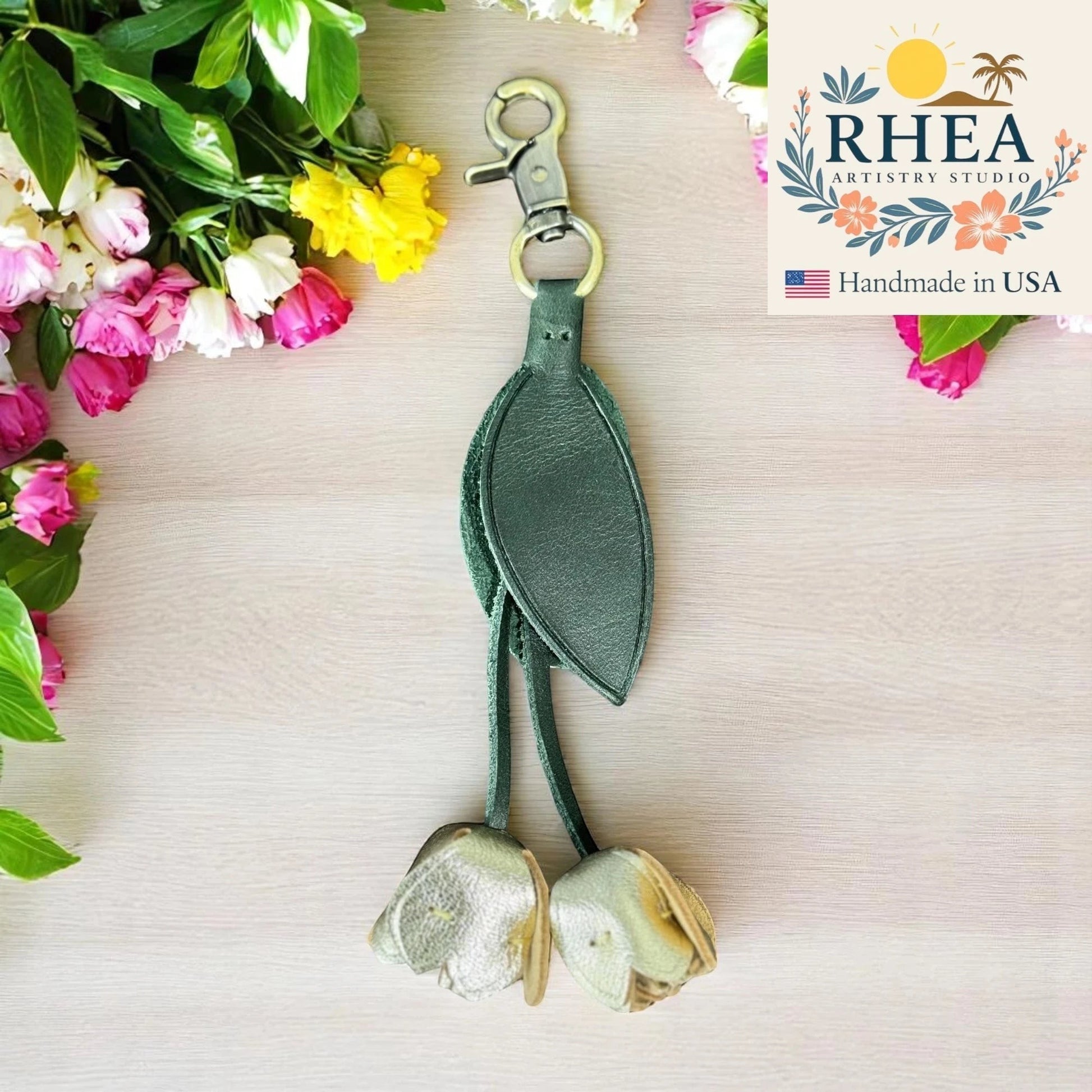 Rhea Artistry Studio dark green leather tulip charm with silver-toned lobster clasp, 7.5" long, handmade in USA.
