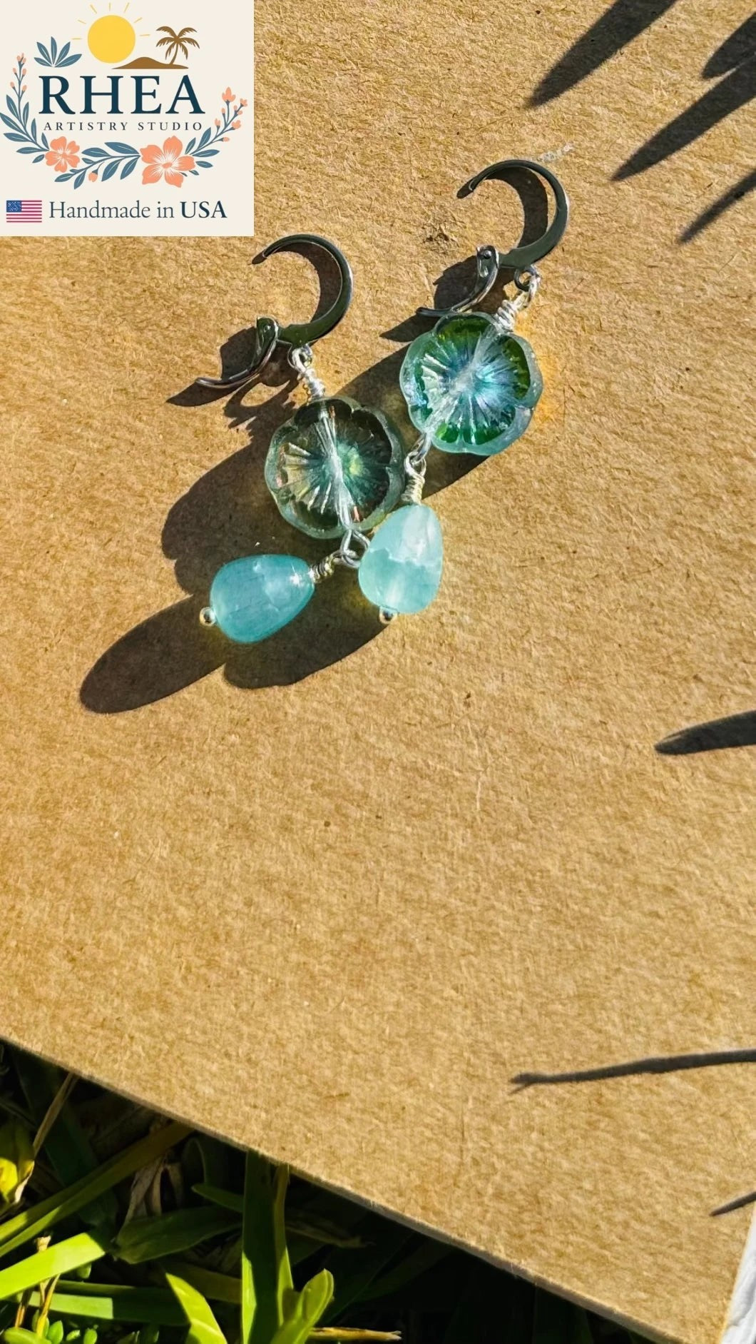 Rhea Artistry Studio light blue hibiscus Czech glass and gemstone drop earrings with surgical stainless steel hooks.