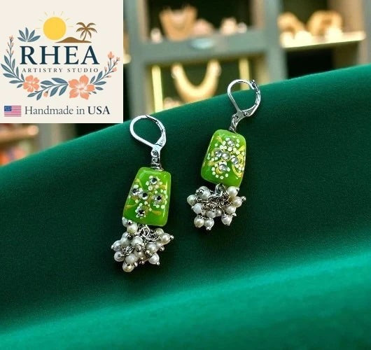 Rhea Artistry Studio lime green rectangular earrings with pearl clusters and hand-painted floral details, 1.5 inch drop, French lever back.