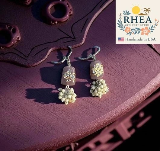 Rhea Artistry Studio mauve pearl cluster silver earrings with French lever backs and hand-painted glass beads.