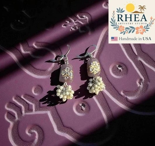 Rhea Artistry Studio mauve pearl cluster silver earrings with French lever backs and hand-painted glass bead detail.
