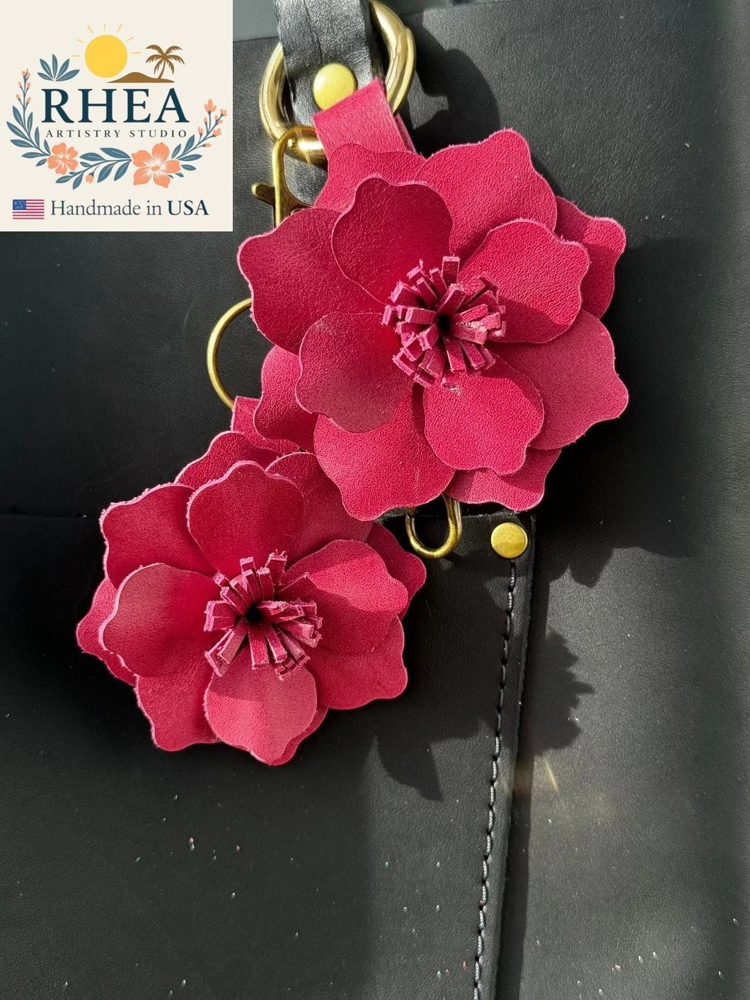 Rhea Artistry Studio Old Rose leather flower charm with lobster clasp and split ring. Handcrafted with premium full grain leather.