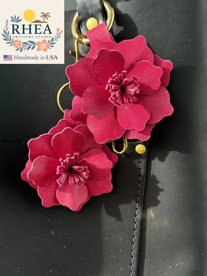 Rhea Artistry Studio Old Rose leather flower charm with lobster clasp and split ring. Handcrafted with premium full grain leather.
