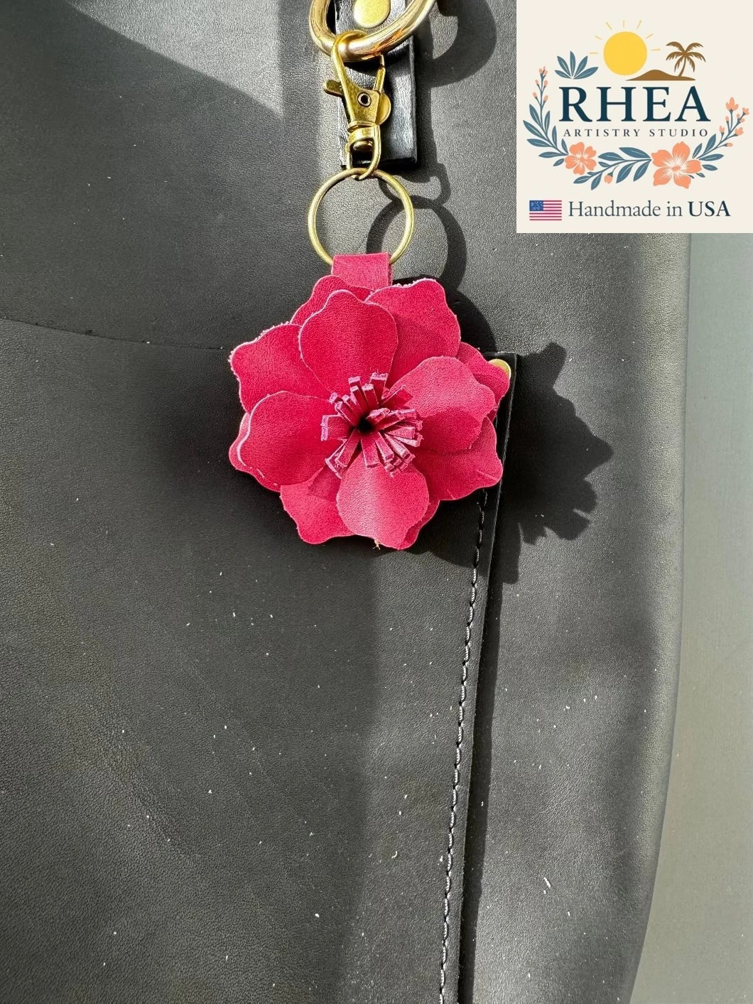 Rhea Artistry Studio Old Rose leather flower charm with lobster clasp and split ring. Handcrafted in USA.