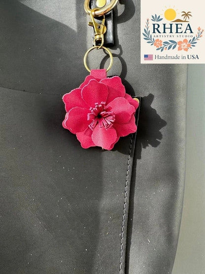 Rhea Artistry Studio Old Rose leather flower charm with lobster clasp and split ring. Handcrafted in USA.