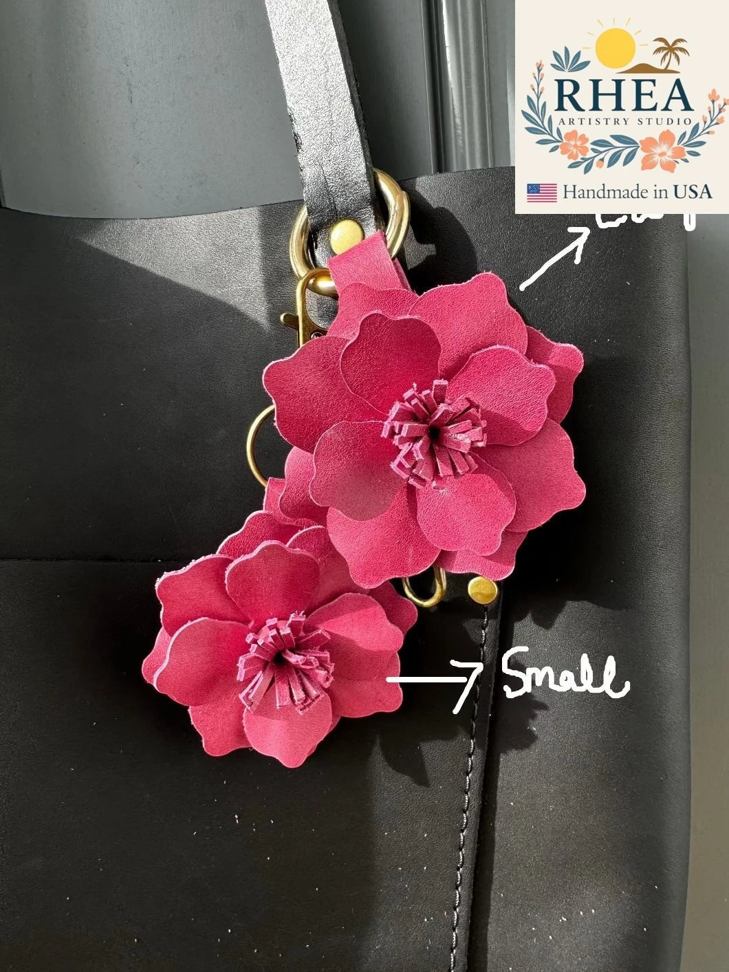 Rhea Artistry Studio Old Rose leather flower charm with lobster clasp and split ring, 2.5 inches.