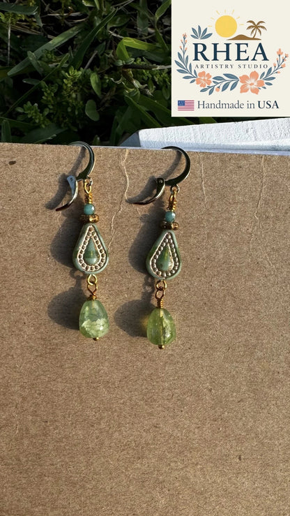 Rhea Artistry Studio Picasso green Czech glass multi drop earrings with 24k gold plated brass findings and lever back closures.