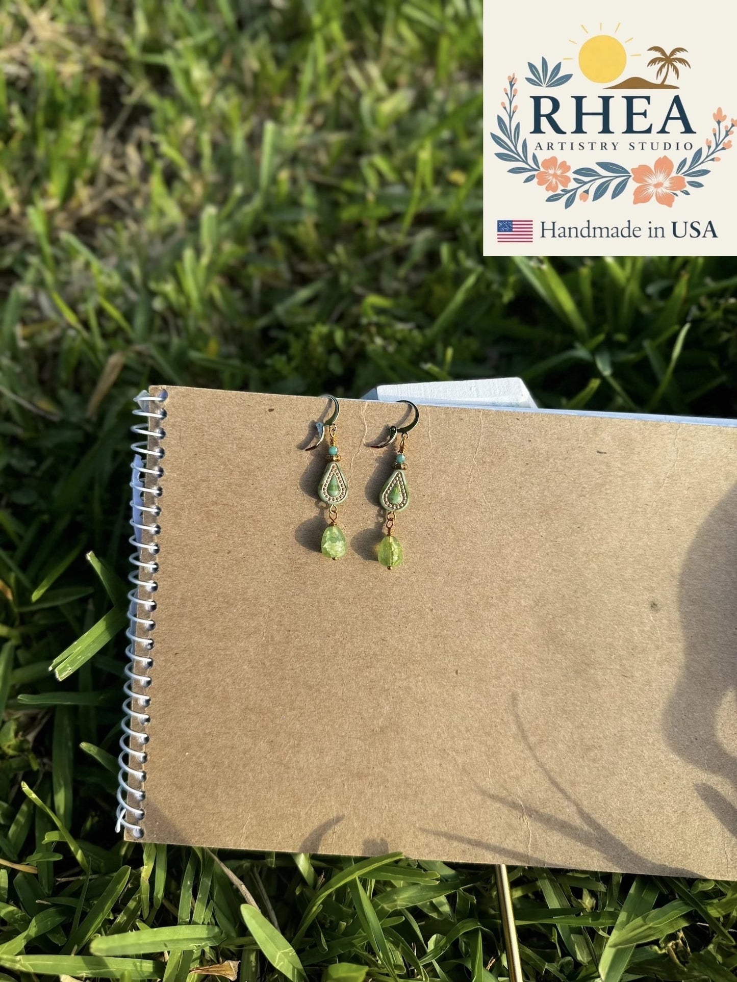 Rhea Artistry Studio Picasso green Czech glass drop earrings with 24k gold plated brass findings and French lever back closures.