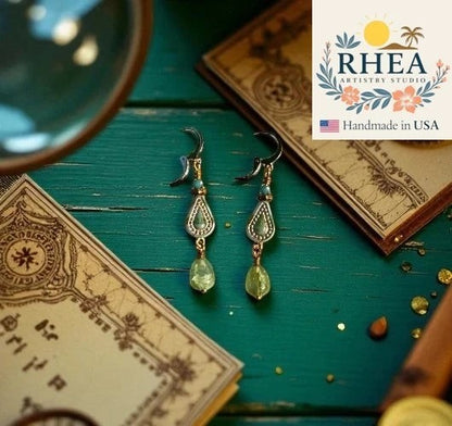 Rhea Artistry Studio Picasso green Czech glass drop earrings with 24k gold plated brass findings and French lever back closures.