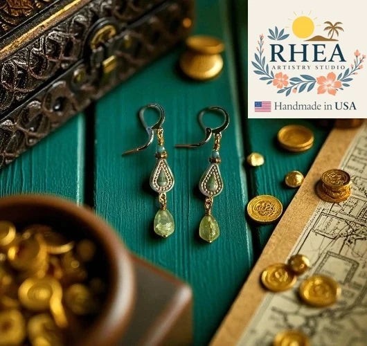 Rhea Artistry Studio Picasso green multi drop earrings with Czech glass and 24k gold plated brass findings.