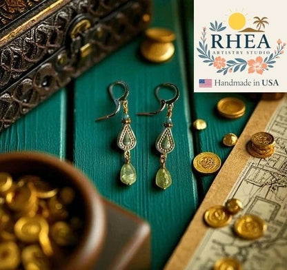Rhea Artistry Studio Picasso green multi drop earrings with Czech glass and 24k gold plated brass findings.