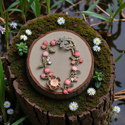 Rhea Artistry Studio Blush Bloom bracelet with pink gemstone and glass beads, floral motifs, and antique brass toggle clasp.