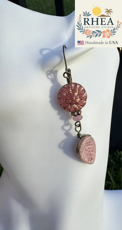 Rhea Artistry Studio pink dahlia leafy drop earrings with brass hardware, approx. 2 inches long.